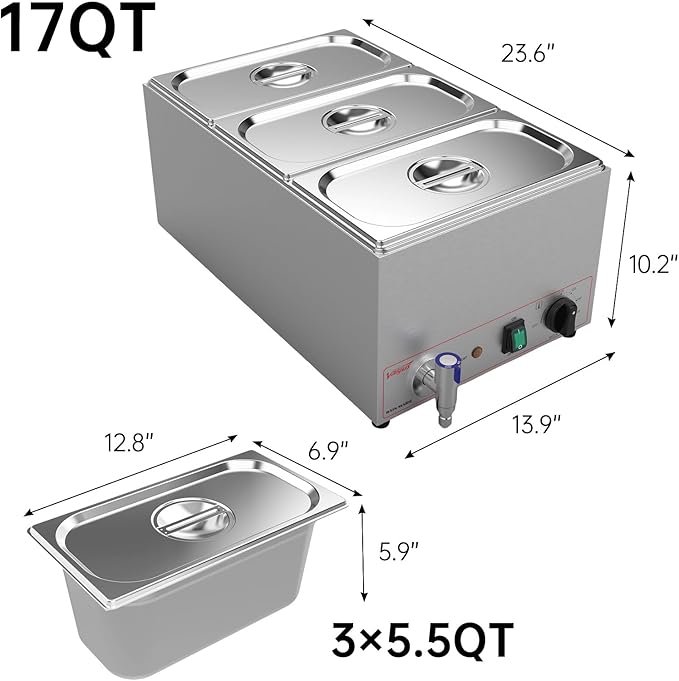 Valgus Commercial Grade Stainless Steel 3 Sections 17 Qt Bain Marie Food Warmers Electric Countertop Steamer with Lid and Tap for Parties, Banquet and Catering Events