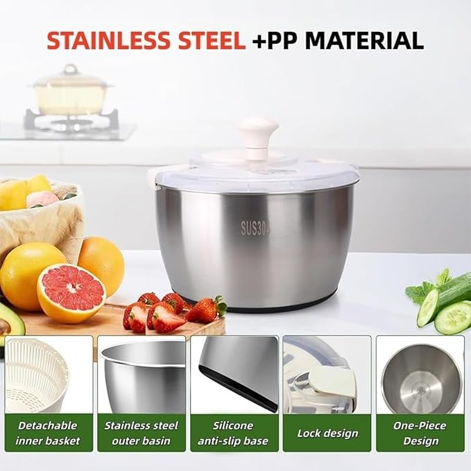 Stainless Steel Salad Spinner - 5.3 Qt Large Capacity with Effortless Crank Handle, Non-Slip Base, Dishwasher Safe for Home & Commercial Use, Ideal for Greens, Vegetables, Fruit, and Pasta.