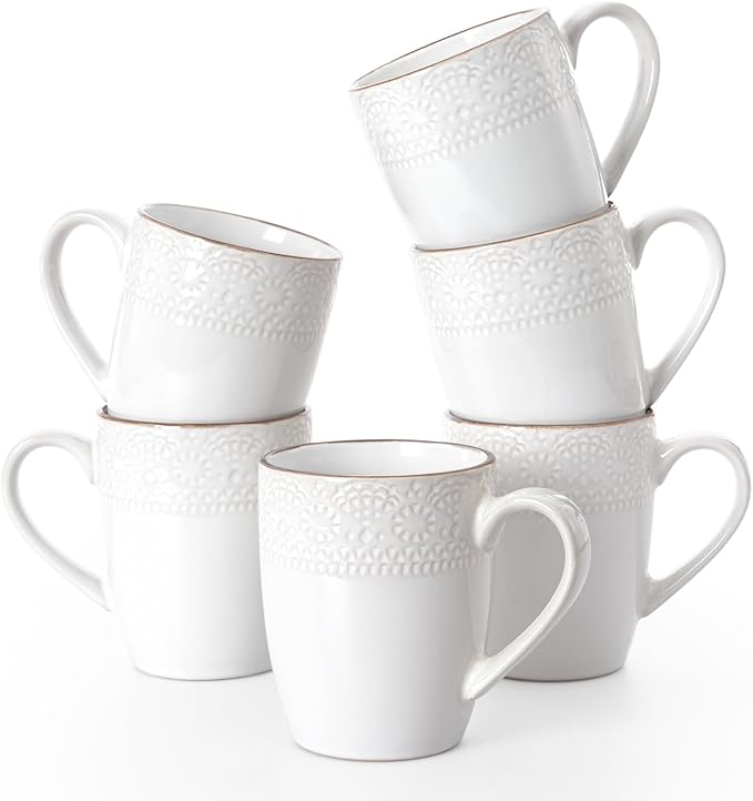 famiware Coffee Mugs Sets for 6, Eden 12 oz Mug Set, Coffee Cups with Handle for Coffee, Tea, Cocoa and Milk, Microwave and Dishwasher Safe, White Floral
