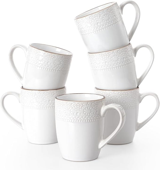 famiware Coffee Mugs Sets for 6, Eden 12 oz Mug Set, Coffee Cups with Handle for Coffee, Tea, Cocoa and Milk, Microwave and Dishwasher Safe, White Floral