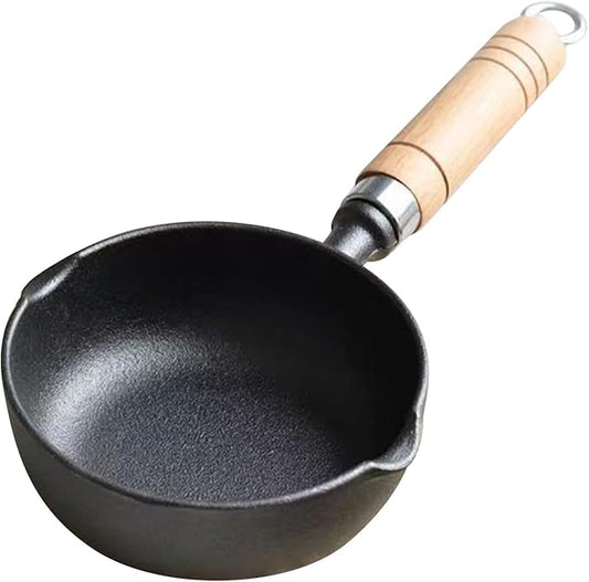 Cast Iron Melting Pot, 4.3 inch Mini Egg Frying Pan Oil Heating Pan Milk Butter Warmer Pot with Wood Handle for Home Kitchen