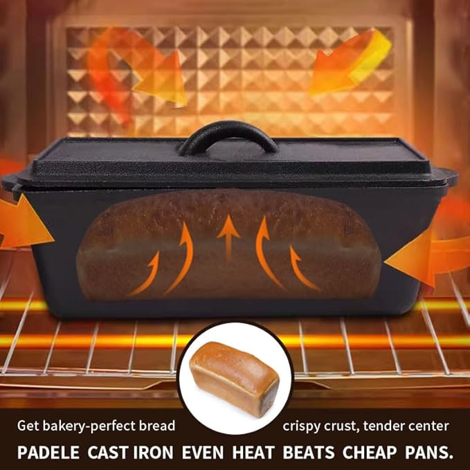 Cast Iron Bread Pan with Lid - 2LB Capacity (13x5 Inch) Large Pullman Loaf Pan for Homemade Bread - Non-Stick，Dual Handle, Pre-Seasoned, Rust-Resistant (Black-Cast Iron)