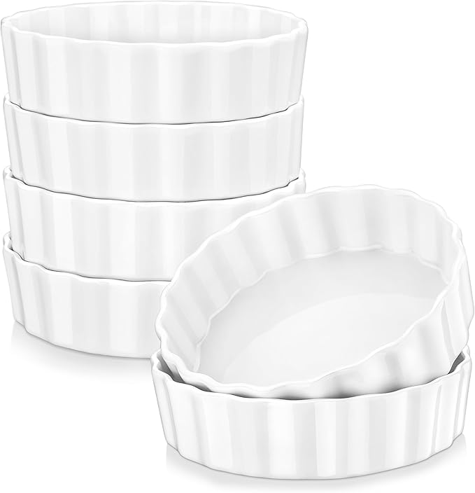 LOVECASA Porcelain Ramekins 8 Oz Oven Safe Set of 6 - Shallow Creme Brulee Dishes for Baking, Soufflés, Custards, Fluted Quiche Pans, Chip-Resistant & Stackable, White