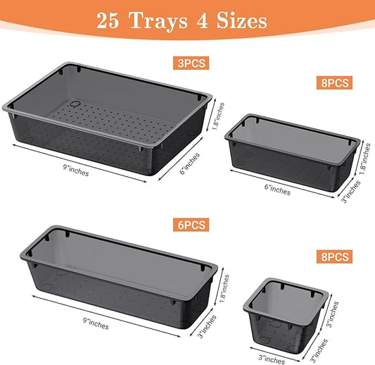 25 PCS Plastic Drawer Organizer Set, 4-Size Versatile Organizer Trays & storage Bins for Makeup, Jewelry, and Gadgets in Bathroom, Bedroom and Office,Clear Black