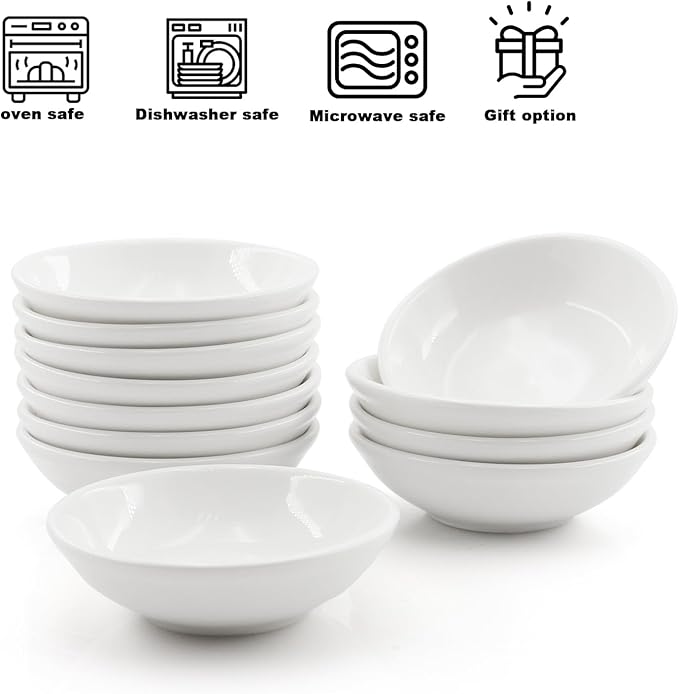 12 Pack 1.2 Oz White Soy Sauce Dish Ceramic Dip Bowl Set, Mini Dip Sauce Bowl Set, Ceramic Mini Soy Sauce Plate, Porcelain Side Dish for Ketchup Sauce Plate, Soybean, BBQ, Party