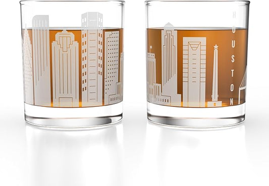 Greenline Goods – Houston, TX Skyline Whiskey Glasses (Set of 2), 10 oz – Rocks/Old Fashioned Tumblers