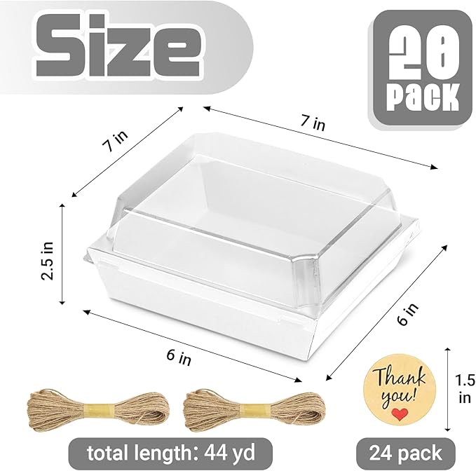 20 Pack Charcuterie Boxes with Clear Lids, 7 Inches White Large Square To Go Paper Bakery Dessert Treat Boxes, Disposable Food Containers for Sandwich Cookie Brownie Slice Cake Strawberry Snack