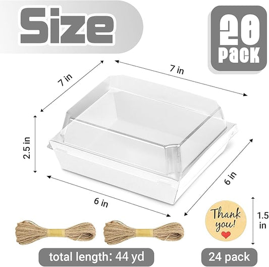 20 Pack Charcuterie Boxes with Clear Lids, 7 Inches White Large Square To Go Paper Bakery Dessert Treat Boxes, Disposable Food Containers for Sandwich Cookie Brownie Slice Cake Strawberry Snack