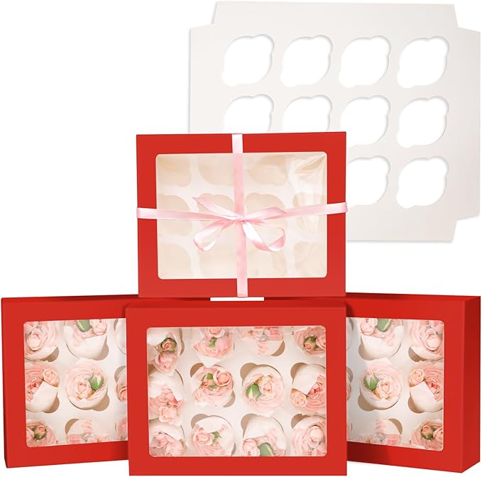 Bakepacker 12 Cupcake Containers 10-Packs Red Cupcake Box Cupcakes Carrier, 12 Cupcake Boxes with Window 13"x10"x3.5"（Auto-pop up）