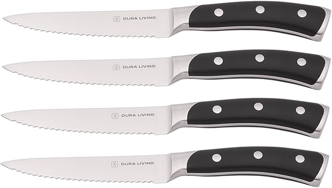 4-Piece Serrated Kitchen Steak Knife Set – Forged High Carbon Stainless Steel, Ultra Sharp, Ergonomic Black Handles, Durable Dinner Knives, Black Handle