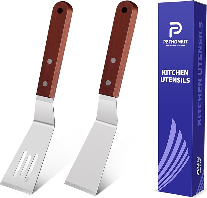 Small Metal Spatula Set for Cast Iron Skillet,Mini Wooden Spatulas for Kitchen Use,Thin Beveled Edge Stainless Steel Cookie Brownie Spatula Turner Server for Cake Egg Serving Cutting Flipping,2 Pcs