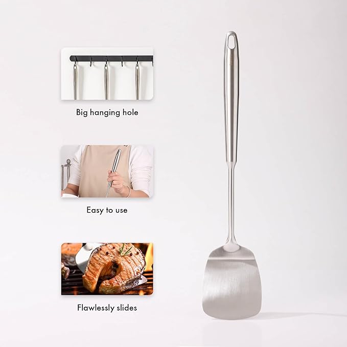 18/10 Stainless Steel Spatulas Set - All Metal Spatulas for Kitchen Use or Outdoor Grilling, 14.7″ Long, Non Toxic, Heavy Duty, Commercial, Chef Grade - 1 Slotted Spatula + 1 Solid Turner for Cooking