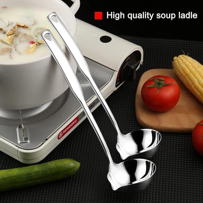 Soup Ladle 304 Stainless Steel Heavy Ladle with Pour Spout for Soups, Serving, Cooking, Stews and More 11.8 inch 1-Piece(Colour:Silver)
