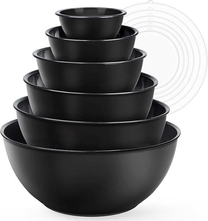 6-Piece Plastic Mixing Bowl Set with Lids for Kitchen, Nesting Storage Bowls for Baking, Prepping,Cooking and Serving Food, Dishwasher, Microwave Safe,Great for Mixing & Serving(6 Set-Black)