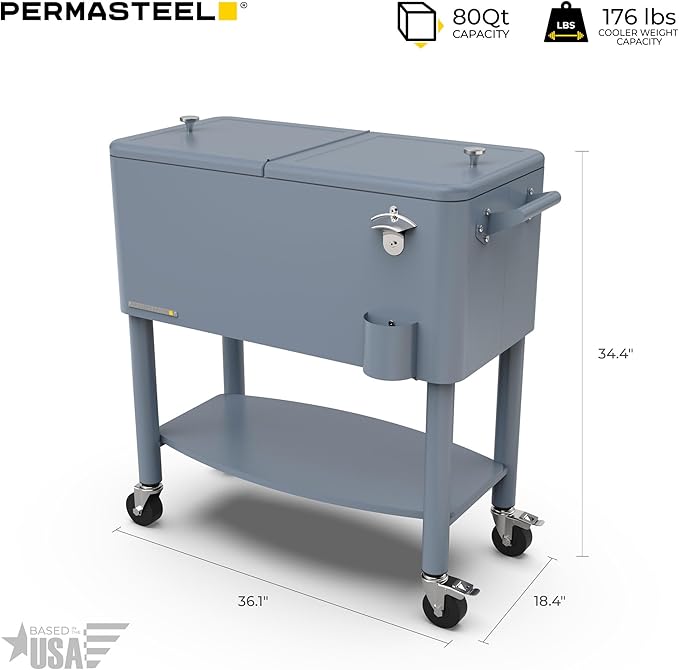 Permasteel 80 Quart Party Cooler, Rolling Ice Chest with Wheels and Handles for Indoor Outdoor Patio