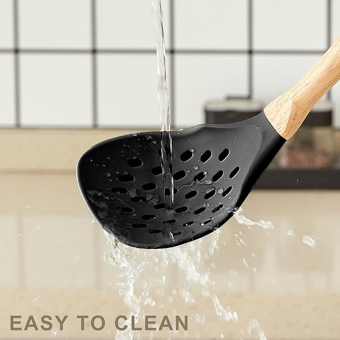 Kitchen Utensils Set - 7 PCS Non-Stick Silicone Cooking Utensils Set with Wooden Handle,Kitchen Gadgets Tools Set for Nonstick Cookware (Black-7Max)