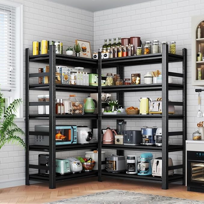 Metal Kitchen Shelf, Heavy Duty 5 Tier Adjustable Storage Shelf, 3000 lb. Load Capacity, Steel Dividers for Heavy Duty Tools and Cookware, Ideal for Kitchen, Pantry, Garage, Black