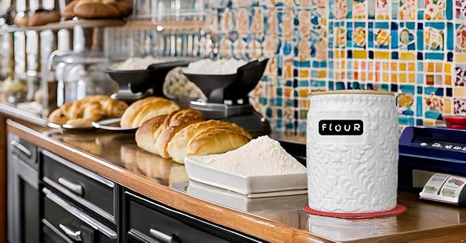 Ceramic Canister Set for the Kitchen Set of 2 - 94/52 Oz - Food Storage Containers, Airtight Bamboo Lid, Decorative Flour Sugar Coffee Canister, Food Container for Coffee, Flour, Sugar, Cookie Jar