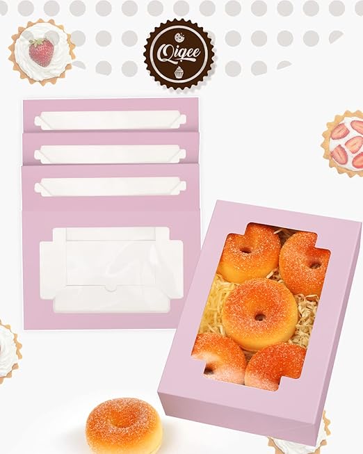 qiqee Cookie Boxes for Gift Giving 8x5.3x2 inch 24Packs Lavender Treat Box with Window Bakery Box for Donuts Candies and Biscuit