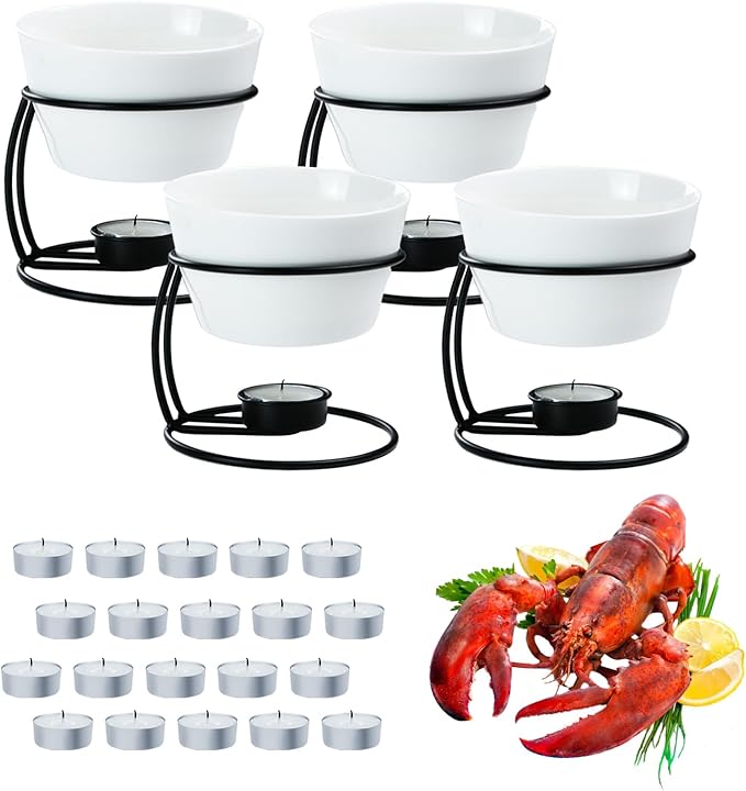 Luvan 4Pcs 12.8oz Butter Warmers for Seafood, Butter Melter with Stands and 20Pcs Tealight Candles,Ceramic Butter Warmer Set for Lobster, Personal Fondue Set Melted Butter Cups for Seafood, Fondue
