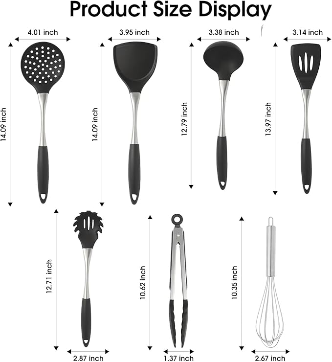 Premium Black Silicone Cooking Utensils Set - Non-Toxic, Heat Resistant& Non-Stick Kitchen Utensils Set with Spatula, Spoon, Whisk, Tongs, BPA Free, Dishwasher Safe, Black