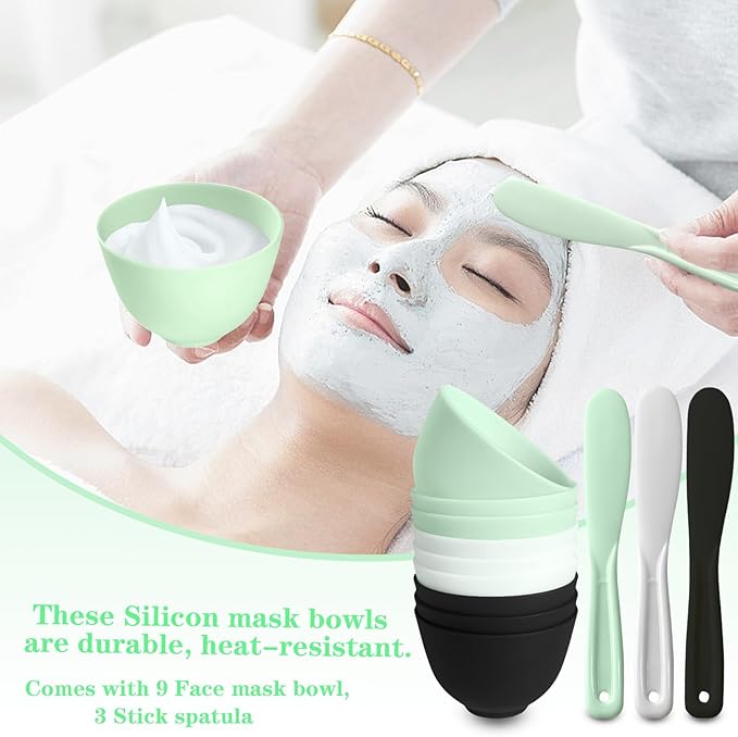 12Pcs Face Mask Mixing Bowl DIY Silicone Facial Mask Bowl for Home Salon Spa Face Skin Applicator Bowl with Stir Sticks, Black,White,Green