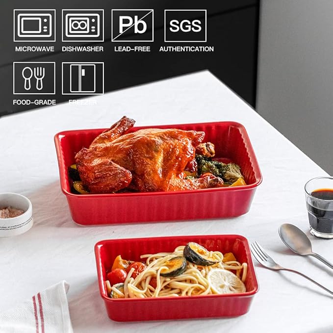 Ceramics baking dish set of 2, Rectangular Baking Dish, Lasagna Pans for Cooking, Kitchen, Cake,Dinner, Banquet and Daily Use, 12x 8 Inch & 8.95 x 6 inch of Casserole Dishes (Red)