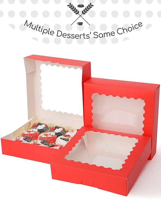 qiqee Auto-pop up Red Pie Boxes with Window 10x10x2.5 inch 30Packs Cookie Donut Bakery Box