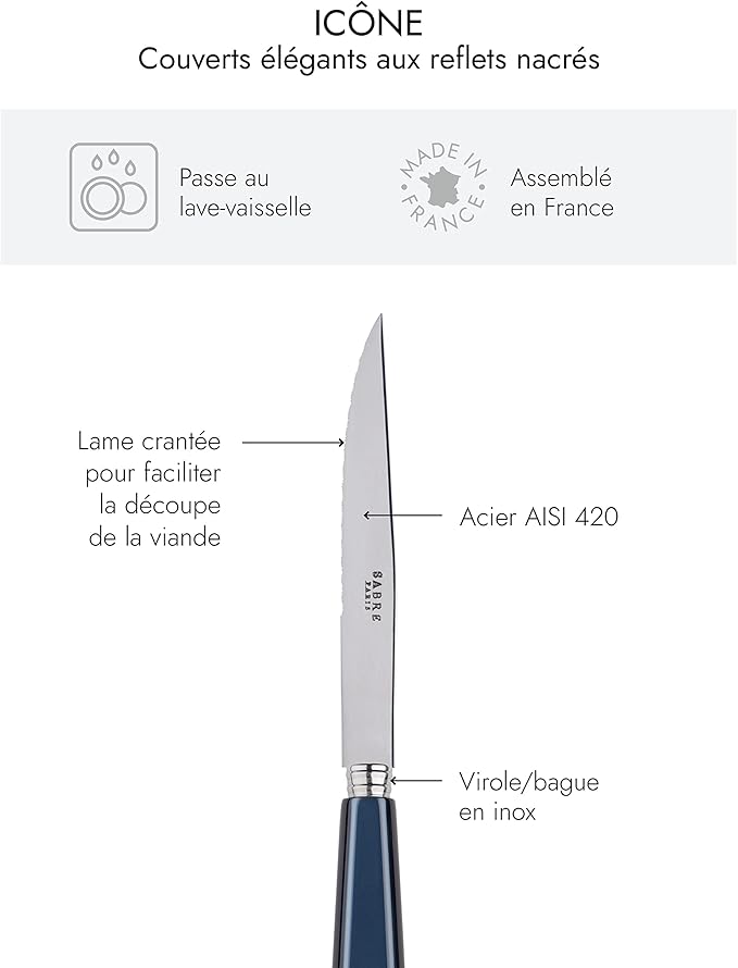 Set of 6 Serrated Steak Knives - Icône Collection - Meat Knives - Stainless Steel & Acrylic - Dishwasher Safe - Midnight Blue