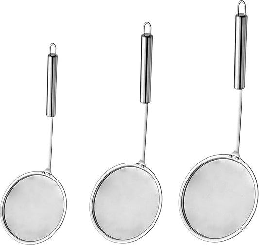 3 Pack Fat Skimmer Spoon Multi-Functional Stainless Steel Hot Pot Fat Strainer with Fine Mesh (4”, 4.7”, 5.5”) Long Handle for Frying, Soup, Quinoa, Miso