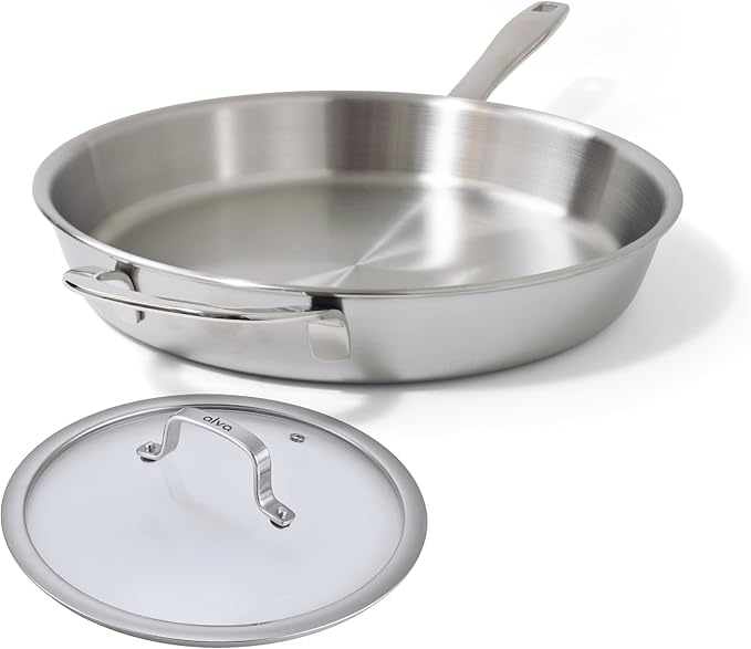 Alva Maestro 5-Ply Stainless Steel Frying Pan with Glass Lid 11" - Oven Safe and Made without PFAS, PFOA & PTFE - Induction and All Stovetop Compatible with Even Heat Distribution