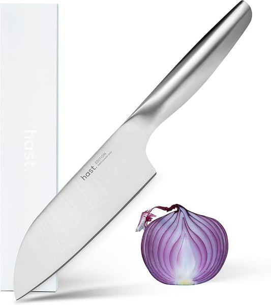 HAST 6-Inch Santoku Knife - Ultra-Sharp Japanese Chef Knife, Advanced Powder Steel, Lightweight, Ergonomic Handle, Sleek Minimalist Design, Red Dot Award Winner (Matte Silver)