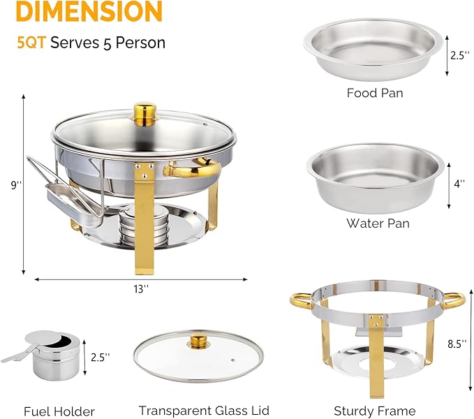 ROVSUN 5QT 4 Packs Chafing Dish Buffet Set Gold Accent, NSF Round Stainless Steel Buffet Warmer Chafers and Warmers Sets with Glass Lid & Lid Holder for Catering Events Parties Weddings Dinners
