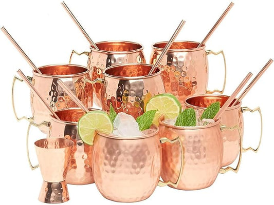 [Gift Set] Moscow Mule Copper Mugs Set of 96 (16oz) w/Straws & Jigger | 100% Pure Copper Cups, Tarnish-Resistant Food Grade Lacquered Finish, Ergonomic Handle (No Rivet) w/Solid Grip