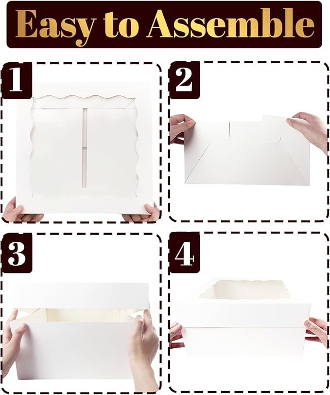 qiqee White 12x12x8 Cake Box, 4 Sets White Cake Box with Window ＆ 4 Sets 12" White Cake Round Boards, 12inch Cake Containers