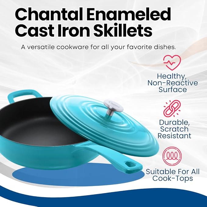 Chantal Cast Iron Skillet Sauté Pan with Lid, 4 qt, US Formulated Premium Enamel, Sea Blue