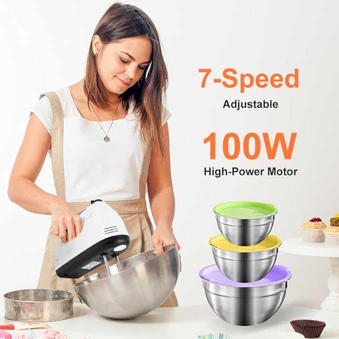 7-Speed Electric Hand Mixer,5 Large Mixing Bowls Set,Handheld Mixers with Whisks Beater,Stainless Steel Metal Nesting Bowl Measuring Cups Spoons Kitchen Cake Blender for Prep Baking Supplies