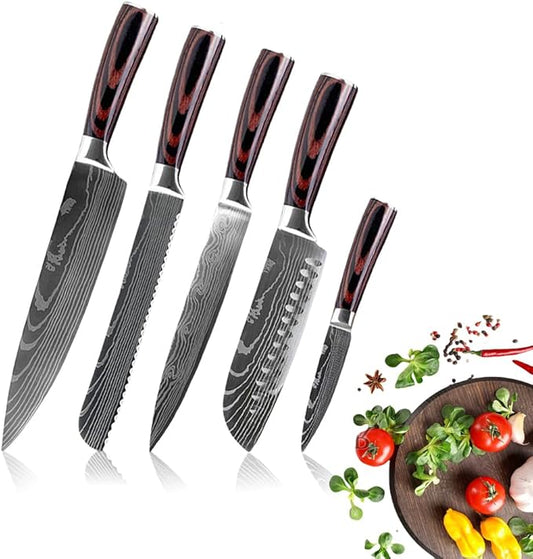 5PCS Kitchen Knife Set, Professional Japanese Chef Knives with High Carbon Stainless Steel Ultra, Sharp Aikido Knives with Ergonomic Color Wooden Handle for Cooking Meat, Fruits, Vegetables