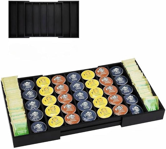 K Cup Holder Bamboo Coffee Pod Holder Drawer Organizer, Expandable K Cup Pod Storage Tea Bag Storage for Coffee Station Home Office and Kitchen （Black