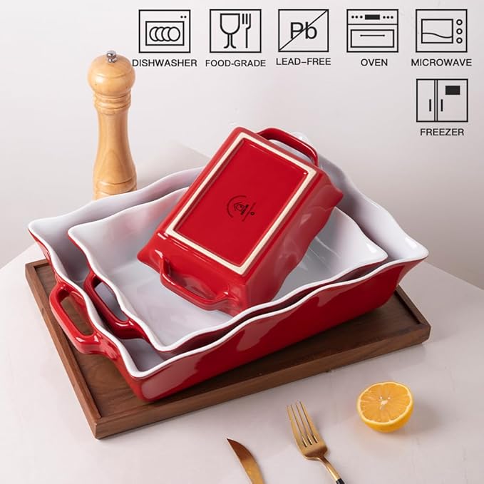 Sweejar Casserole Dishes for Oven, Ceramic Bakeware Set of 3, Rectangular Baking dish with Handles, Wave Edge Lasagna Pan Deep for Cooking, Cake, Dinner, Banquet and Daily Use (Red)