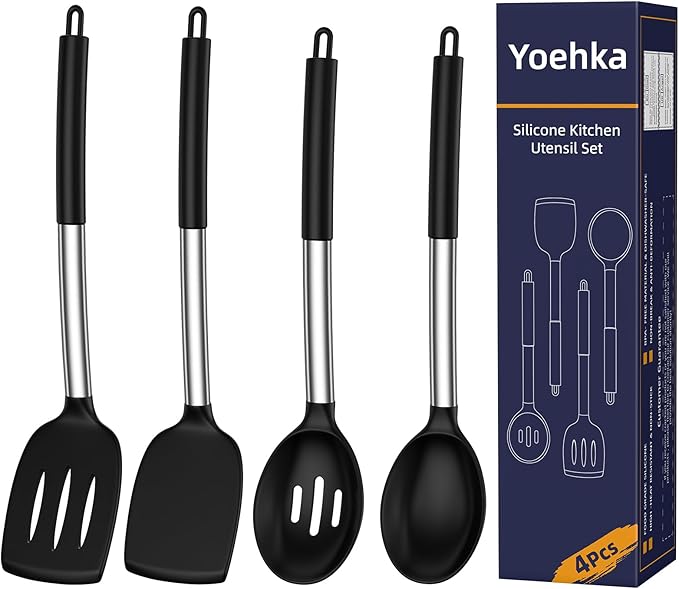 Yoehka Silicone Cooking Utensils Set for Nonstick Cookware, 4Pcs Heat Resistant Kitchen Silicone Spatula and Spoon Set with Stainless Steel Handle, Mixing, Flipping, Turning, Stirring, Black