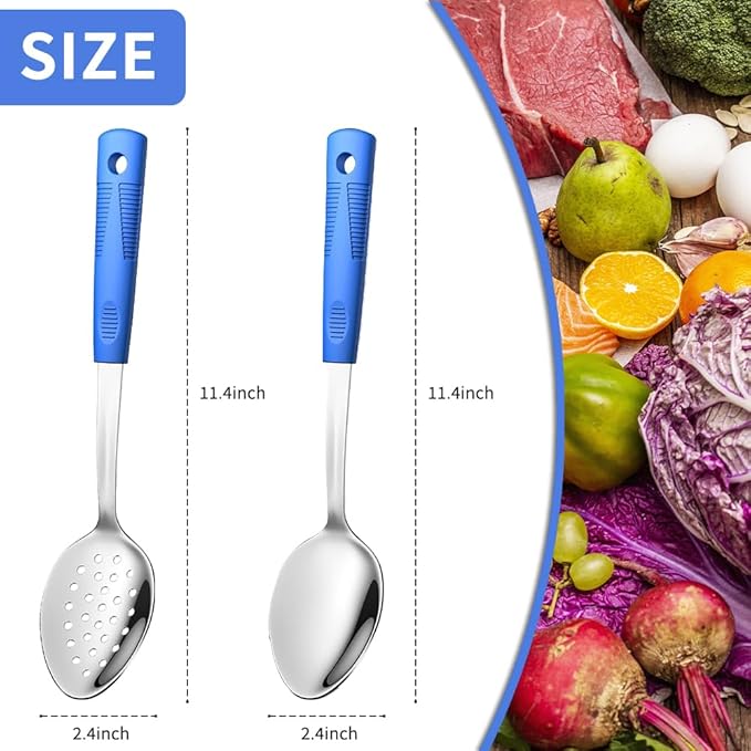 2-Piece,Stainless Steel Serving spoons set with Slotted Spoon.Serving Spoon and Perforated Spoon, kitchen cooking serving utensils set cooking spoon-blue