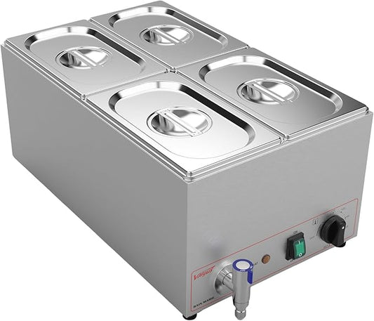 Valgus Commercial Stainless Steel 4 Sections Bain Marie Food Warmer 16 Qt Buffet Server with Lid and Tap for Home, Catering, Restaurants