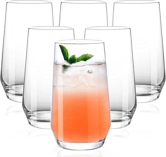Drinking Glasses Set of 6, 16.4oz Highball Glasses, Crystal Clear Tall Glass Cups for Cocktail, Juice, Iced Tea, Mojito and Smoothies, Dishwasher Safe Glassware Set