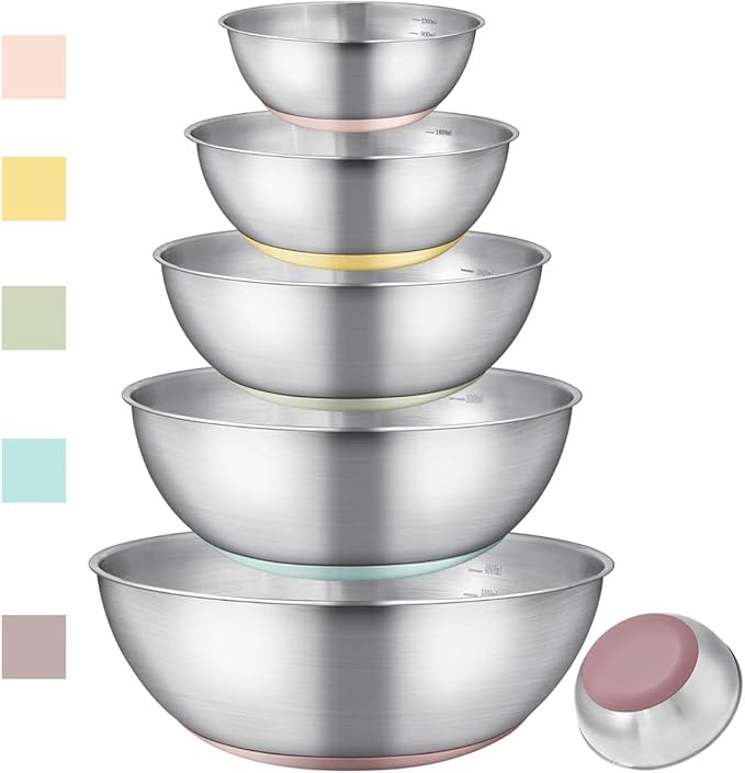 Stainless Steel Mixing Bowl Set - High - Quality, Durable and Rust - Resistant for Baking, Cooking, and Salad Making,Kitchen meal preparation,Great for Mixing & Serving,Anti slip silicone rubber base