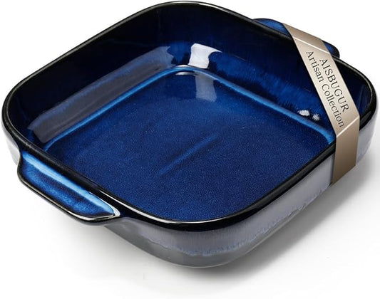 8x8 Baking Pan Ceramic Square Baking Dish Lasagna Pan with Double Handles Deep Casserole Dish for Brownie, Lasagna, Roasting and Great for Kitchen Decor (Reactive Glaze Blue)
