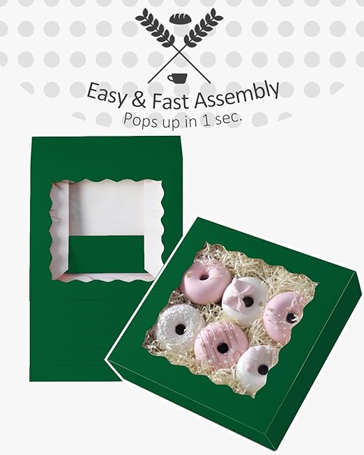 qiqee Auto-pop up Deep Green Pie Boxes with Window 10x10x2.5 inch 30Packs Cookie Donut Bakery Box