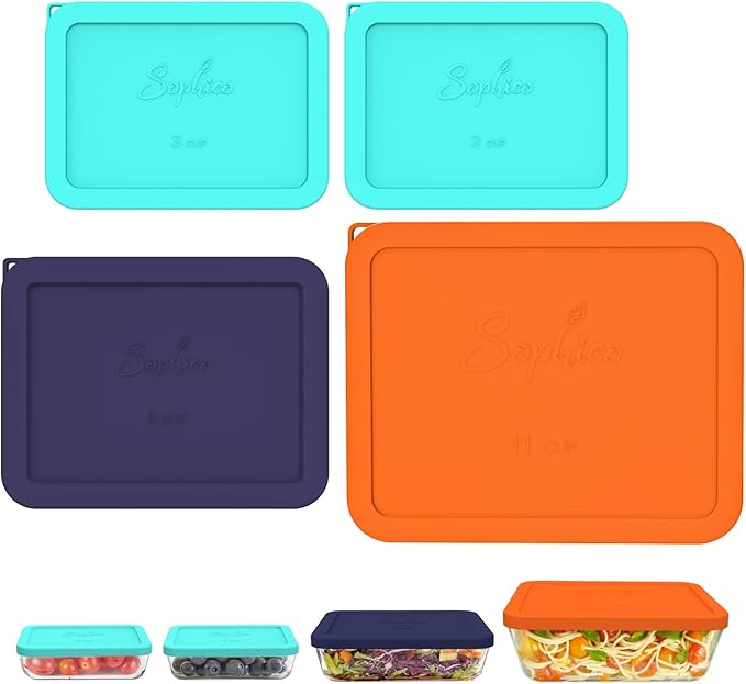 Sophico Rectangle Silicone Storage Cover Lids Replacement for Anchor Hocking and Pyrex Glass Bowls (Container not Included) (MIX-4 PACK)
