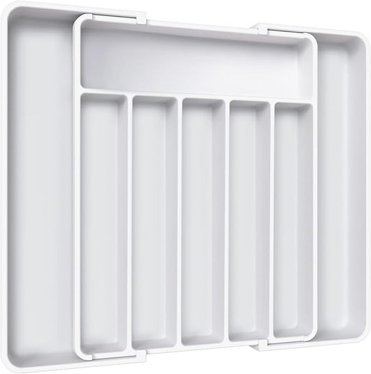 Aujen Silverware Organizer - Expandable Kitchen Drawer Organizer, Adjustable Utensil Organizer, Cutlery Tray for Forks, Knives, Multipurpose Kitchen Organizers and Storage Solution, White, Large