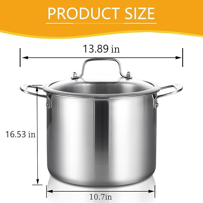 20-QT Stock Pot with Lid, Tri-Ply Stainless Steel for High Heat, Crock for Simmering, Clear Glass Lid, Double Handles, Dishwasher Safe
